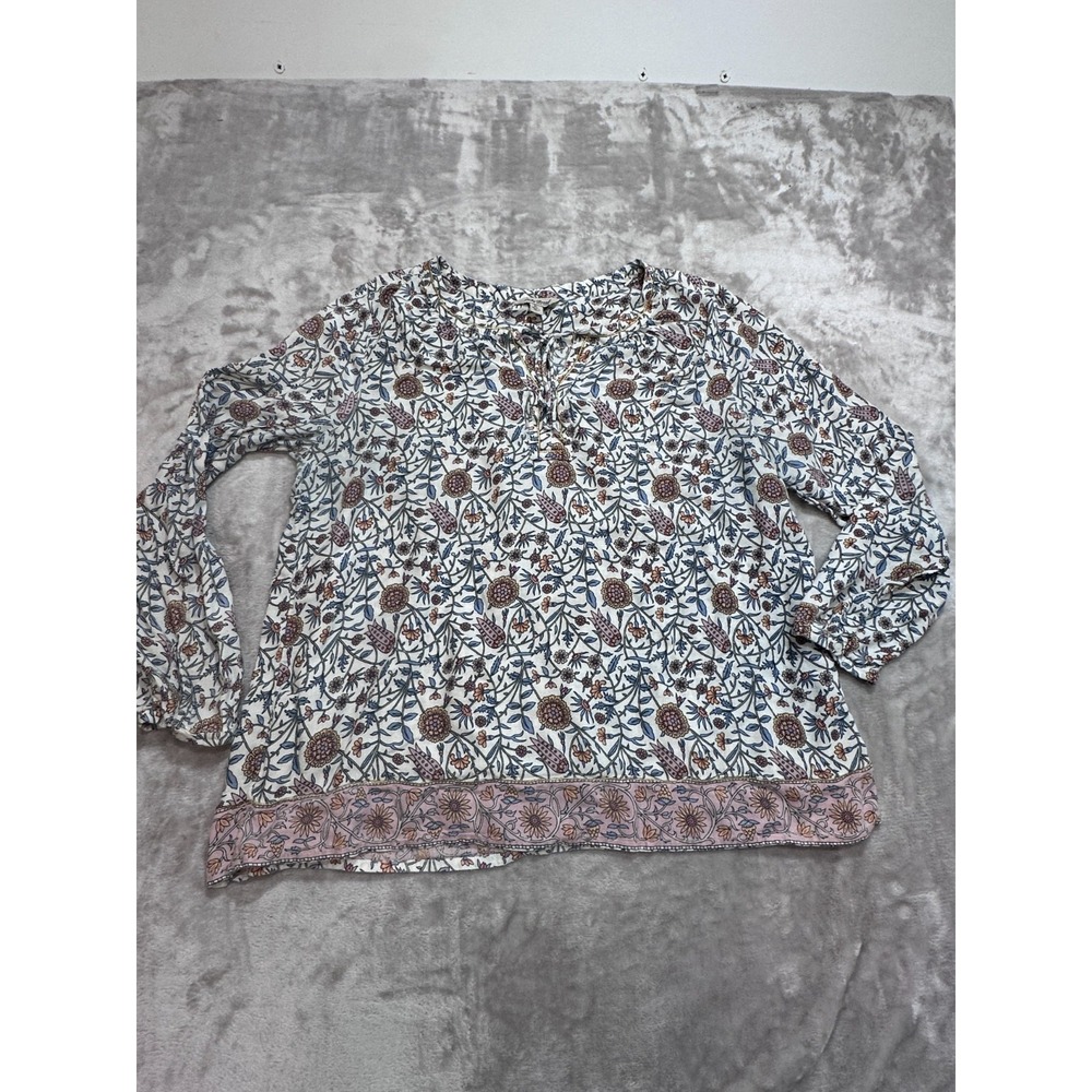 Lucky Brand Blouse Womens Size XL Floral Metallic Lurex Split Neck Peasant Boho